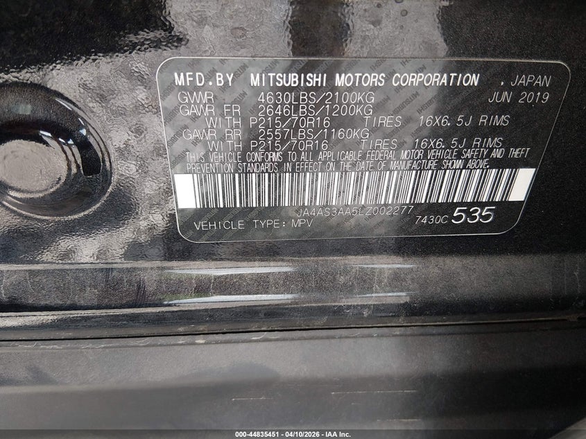 2020 Mitsubishi Eclipse Cross Es 1.5T VIN: JA4AS3AA5LZ002277 Lot: 44835451