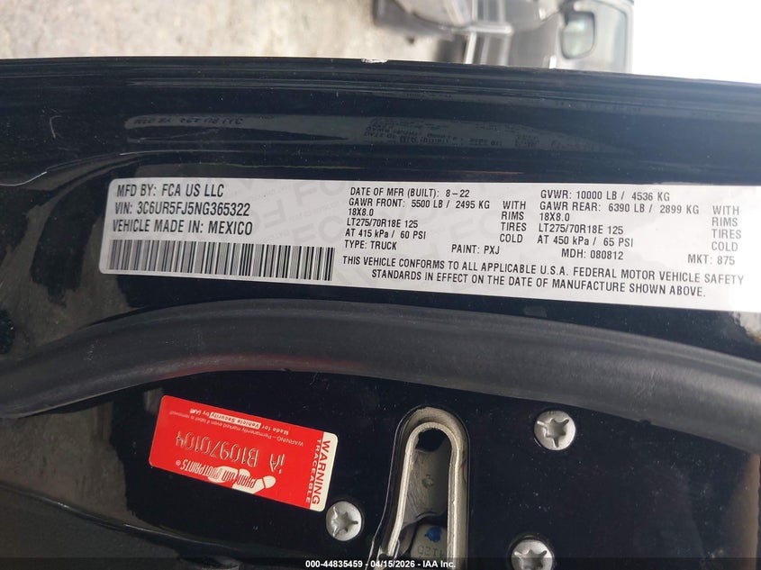 2022 Ram 2500 Laramie 4X4 6'4 Box VIN: 3C6UR5FJ5NG365322 Lot: 44835459