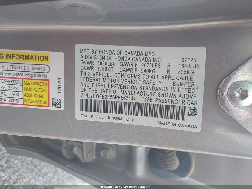 2023 Honda Civic 2.0 Sport silver Lot 111044835467 Vin 2HGFE2F56PH567444