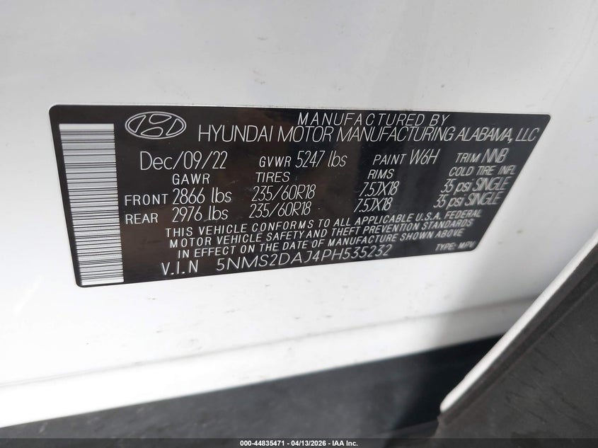 2023 Hyundai Santa fe 2.5 Sel white Lot 111044835471 Vin 5NMS2DAJ4PH535232