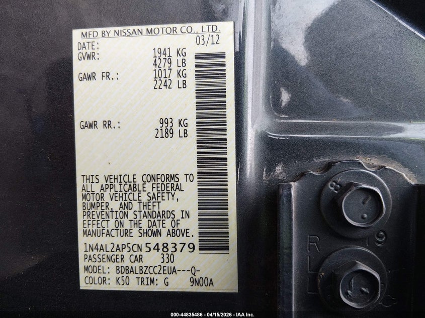 2012 Nissan Altima 2.5 S VIN: 1N4AL2AP5CN548379 Lot: 44835486