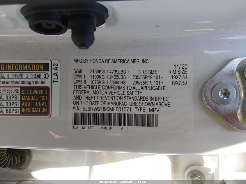 2021 HONDA CR-V 1.5L I-4 DI, DOHC, V(VIN: 5J6RW2H90ML001071