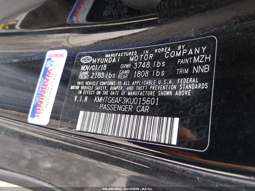 2019 Hyundai Veloster 2.0 VIN: KMHTG6AF3KU015601 Lot: 44835532