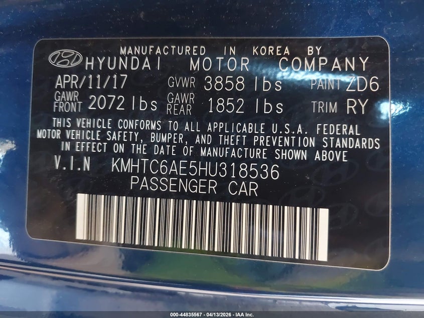 2017 Hyundai Veloster Turbo R-Spec VIN: KMHTC6AE5HU318536 Lot: 44835567