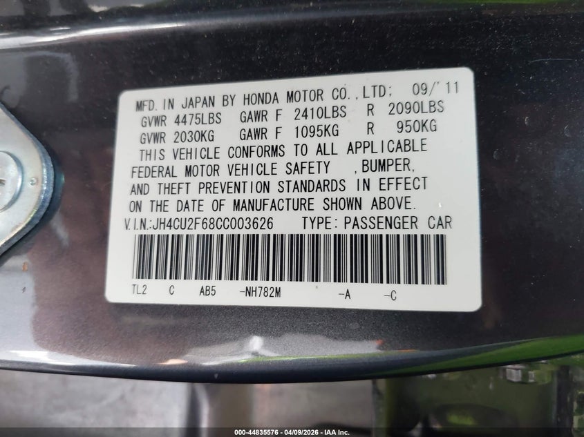 2012 Acura Tsx 2.4 VIN: JH4CU2F68CC003626 Lot: 44835576