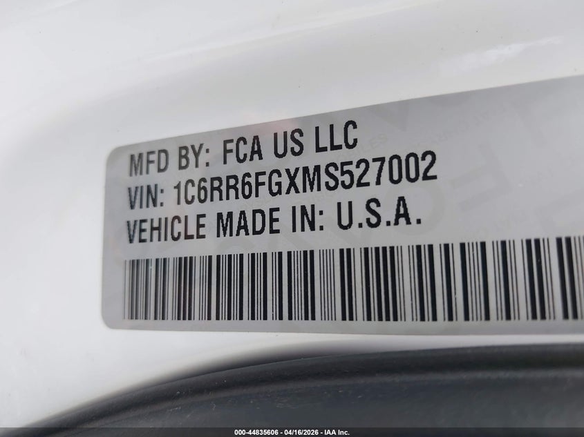 2021 Ram 1500 Classic White Lot 111044835606 Vin 1C6RR6FGXMS527002
