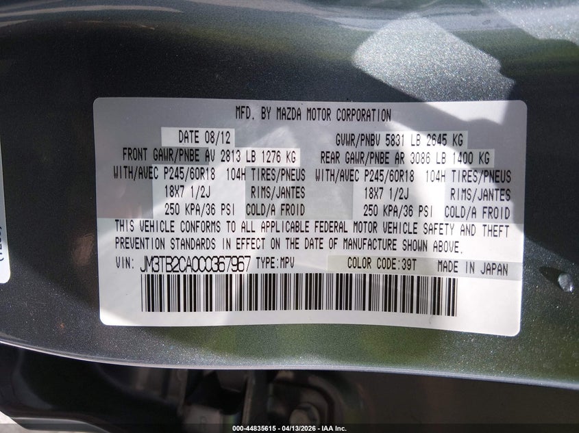 2012 Mazda Cx-9 Touring VIN: 0JM3TB2CA0C036796 Lot: 44835615