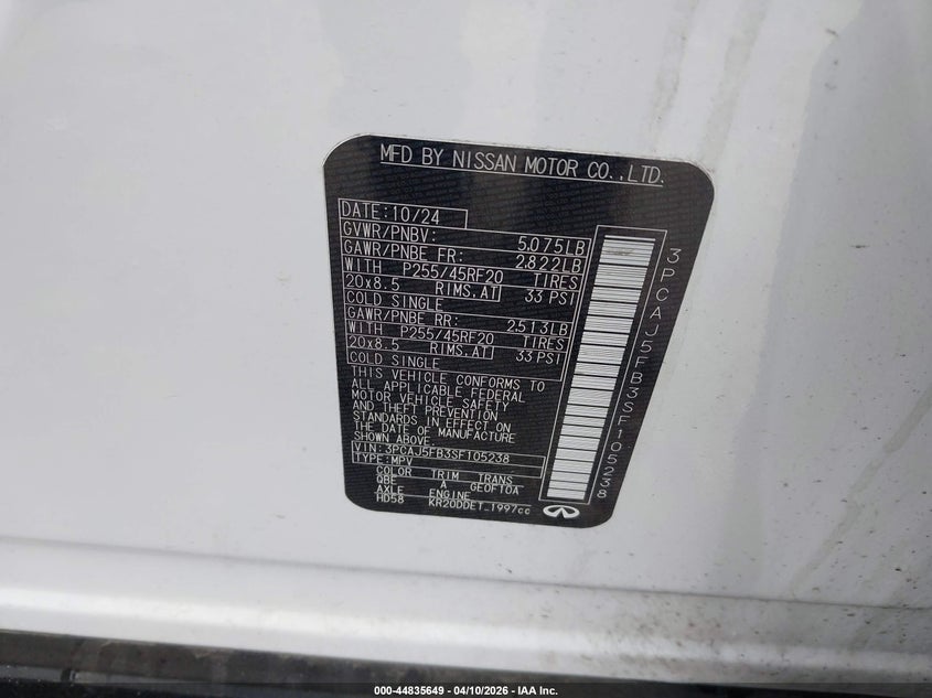 2025 Infiniti Qx50 Sport VIN: 3PCAJ5FB3SF105238 Lot: 44835649