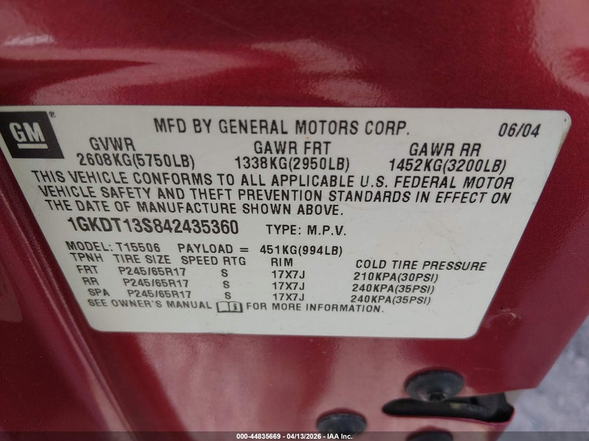 2004 GMC Envoy Slt VIN: 1GKDT13S842435360 Lot: 44835669