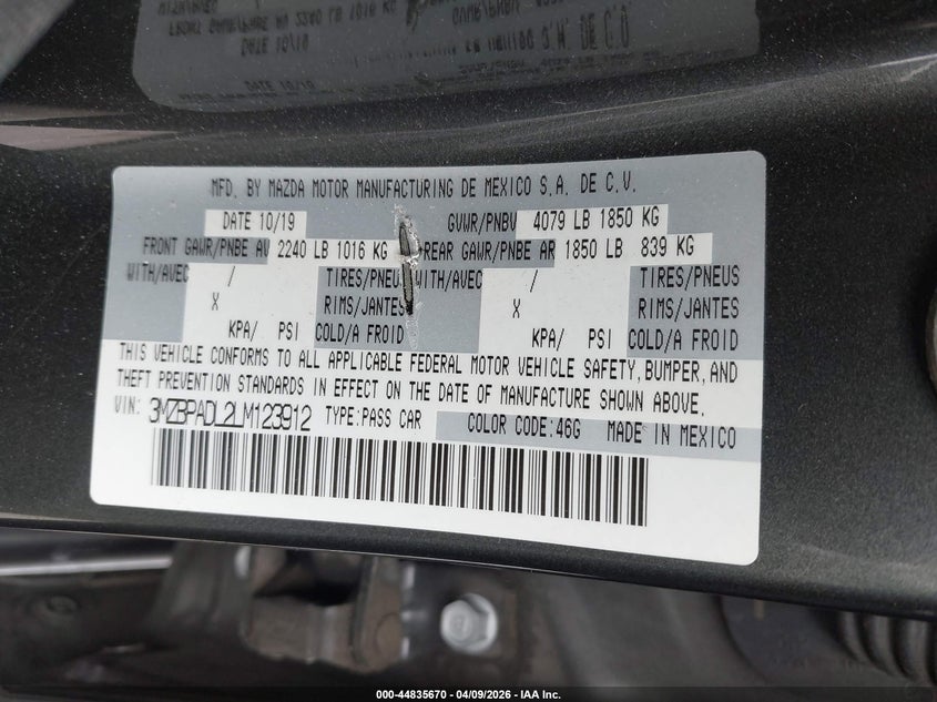 2020 Mazda Mazda3 Preferred Package VIN: 3MZBPADL2LM123912 Lot: 44835670