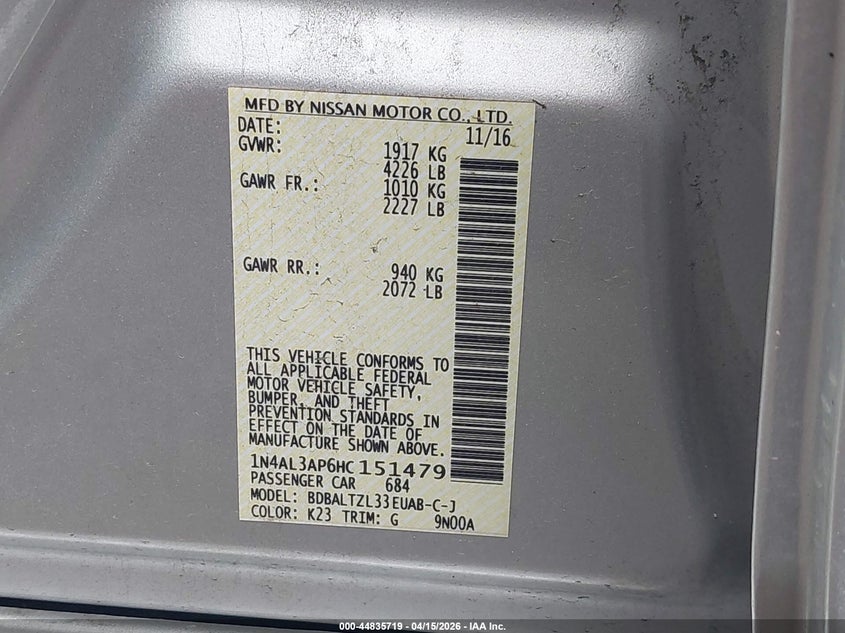 2017 Nissan Altima 2.5 Sl VIN: 1N4AL3AP6HC151479 Lot: 44835719