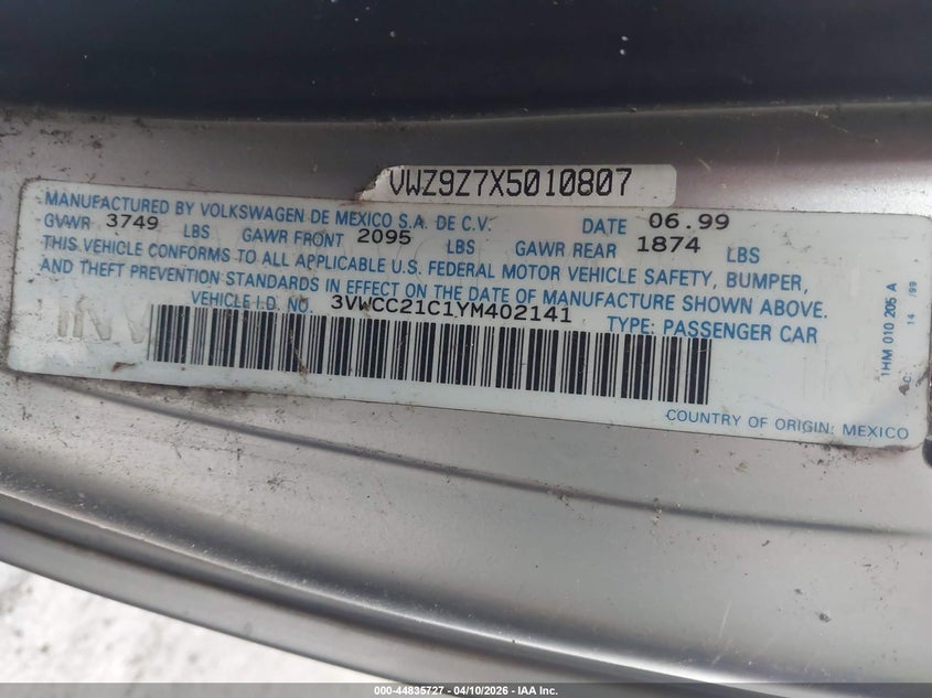 2000 Volkswagen New Beetle Gls VIN: 3VWCC21C1YM402141 Lot: 44835727