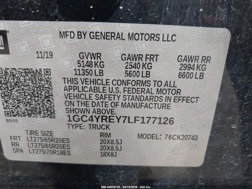 2020 Chevrolet Silverado 2500Hd 4Wd Standard Bed High Country VIN: 1GC4YREY7LF177126 Lot: 44835730