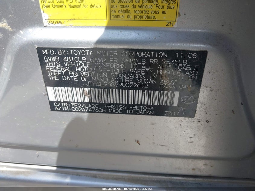 2009 Lexus Gs 350 VIN: JTHCE96S590022602 Lot: 44835733