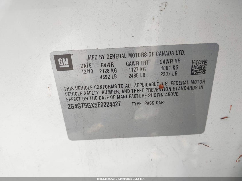 2014 Buick Regal Gs VIN: 2G4GT5GX5E9224427 Lot: 44835748