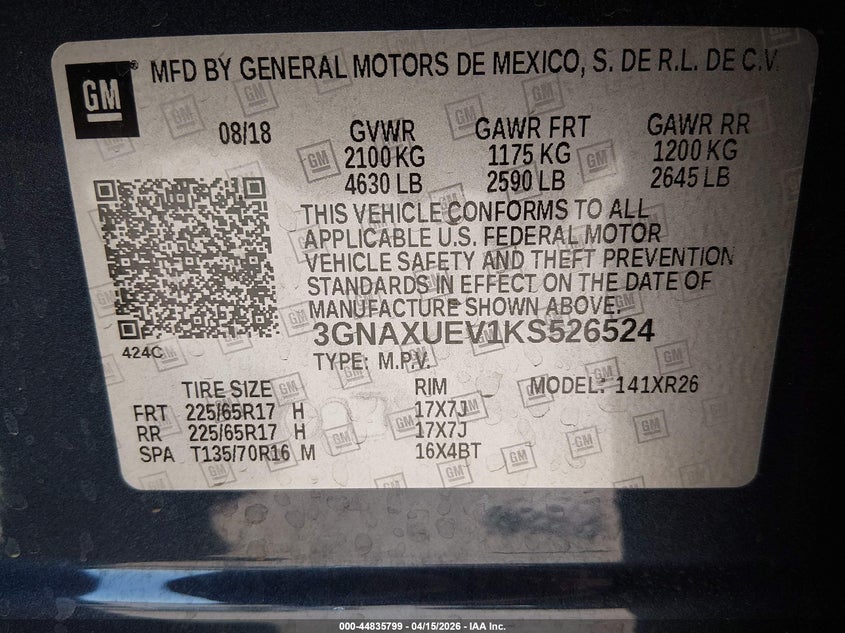 2019 Chevrolet Equinox Lt VIN: 3GNAXUEV1KS526524 Lot: 44835799