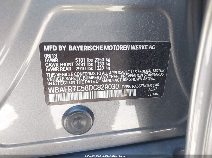 2013 BMW 535I VIN: WBAFR7C58DC829030 Lot: 44835802