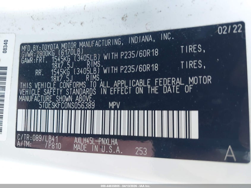 2022 Toyota Sienna Platinum VIN: 5TDESKFC0NS056389 Lot: 44835805