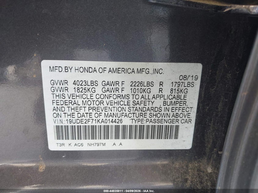 2019 Acura Ilx Premium Package/Technology Package VIN: 19UDE2F71KA014426 Lot: 44835811