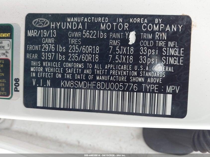 2013 Hyundai Santa Fe Gls VIN: KM8SMDHF8DU005776 Lot: 44835814
