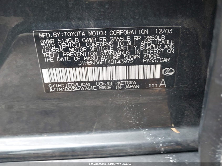 2004 Lexus Ls 430 VIN: JTHBN36F140143972 Lot: 44835818