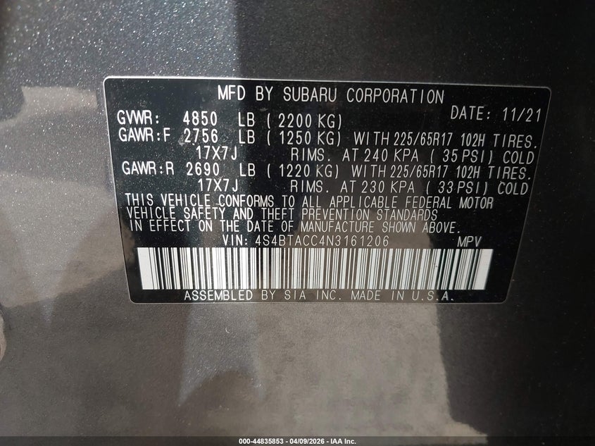 2022 Subaru Outback Premium VIN: 4S4BTACC4N3161206 Lot: 44835853