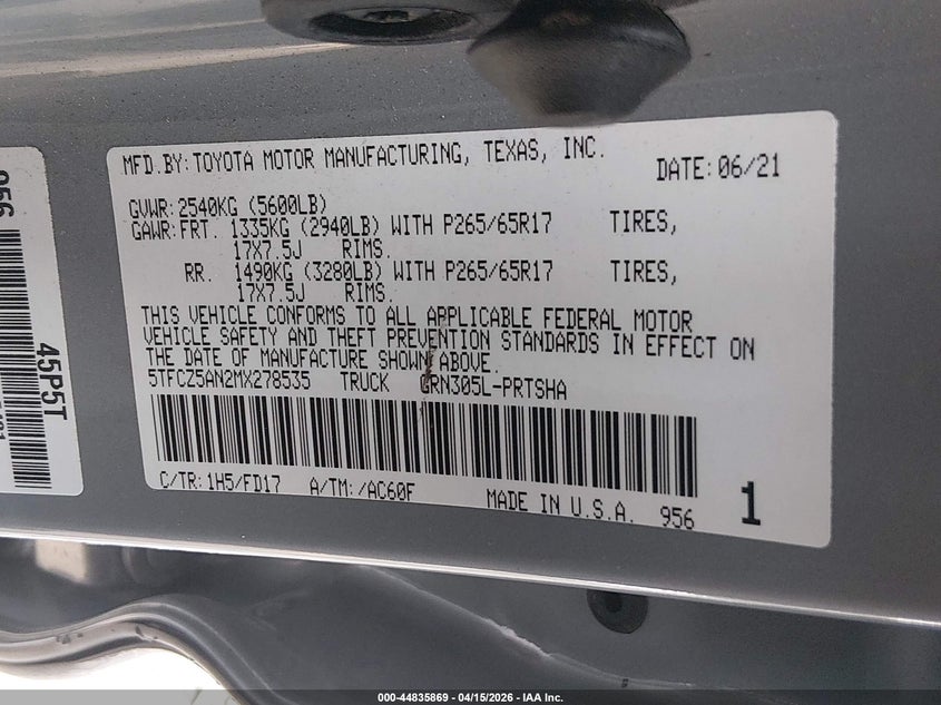 2021 Toyota Tacoma Trd Sport VIN: 5TFCZ5AN2MX278535 Lot: 44835869