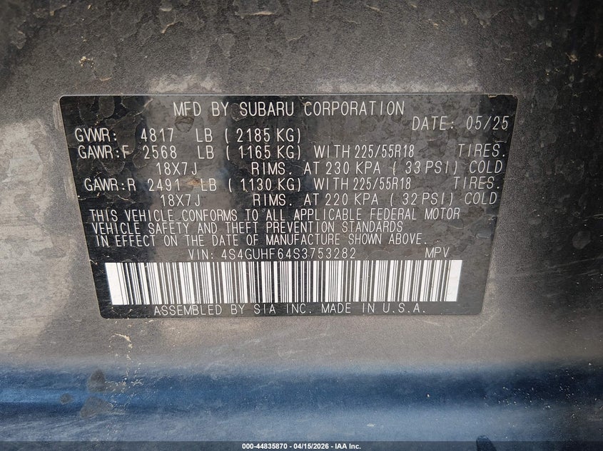 2025 Subaru Crosstrek Sport VIN: 4S4GUHF64S3753282 Lot: 44835870
