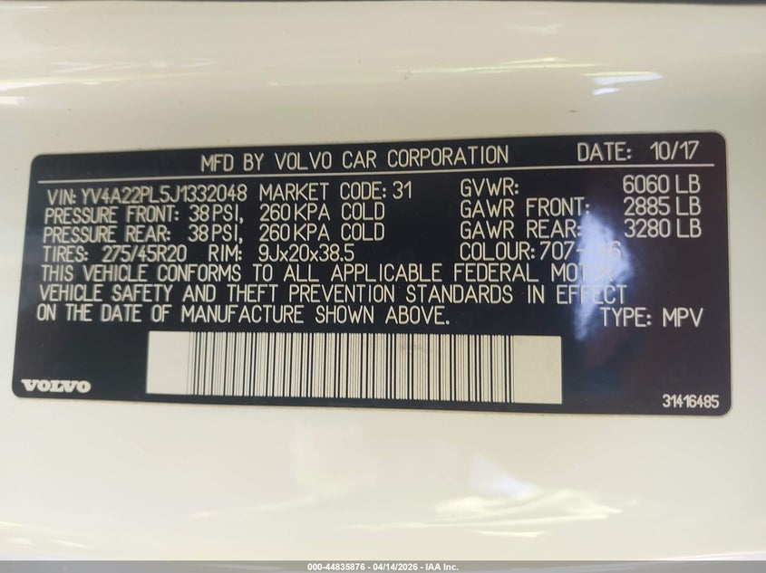 2018 Volvo Xc90 T6 Inscription VIN: YV4A22PL5J1332048 Lot: 44835876