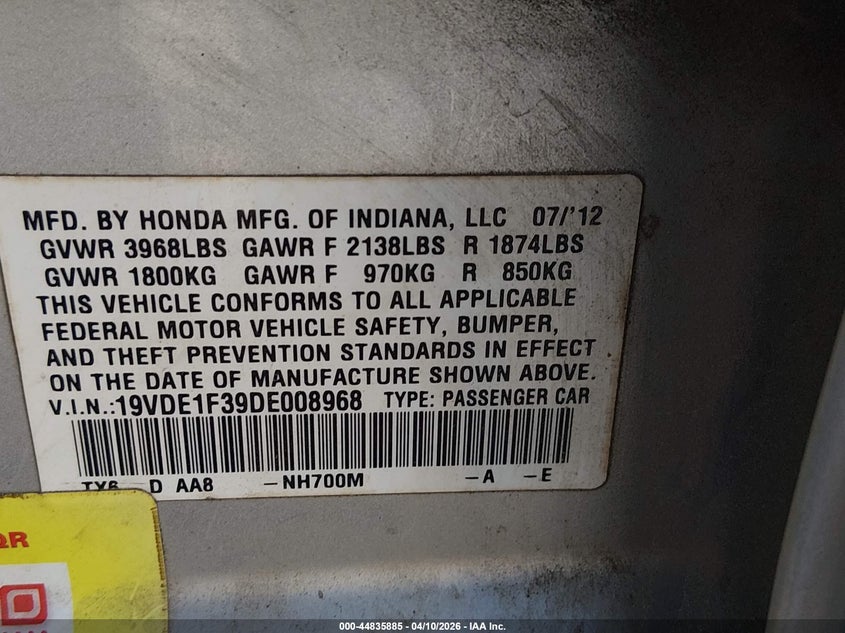 2013 Acura Ilx 2.0L VIN: 19VDE1F39DE008968 Lot: 44835885