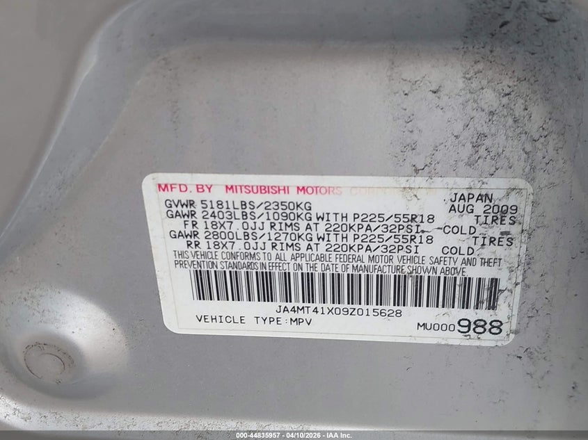 2009 Mitsubishi Outlander Xls VIN: JA4MT41X09Z015628 Lot: 44835957