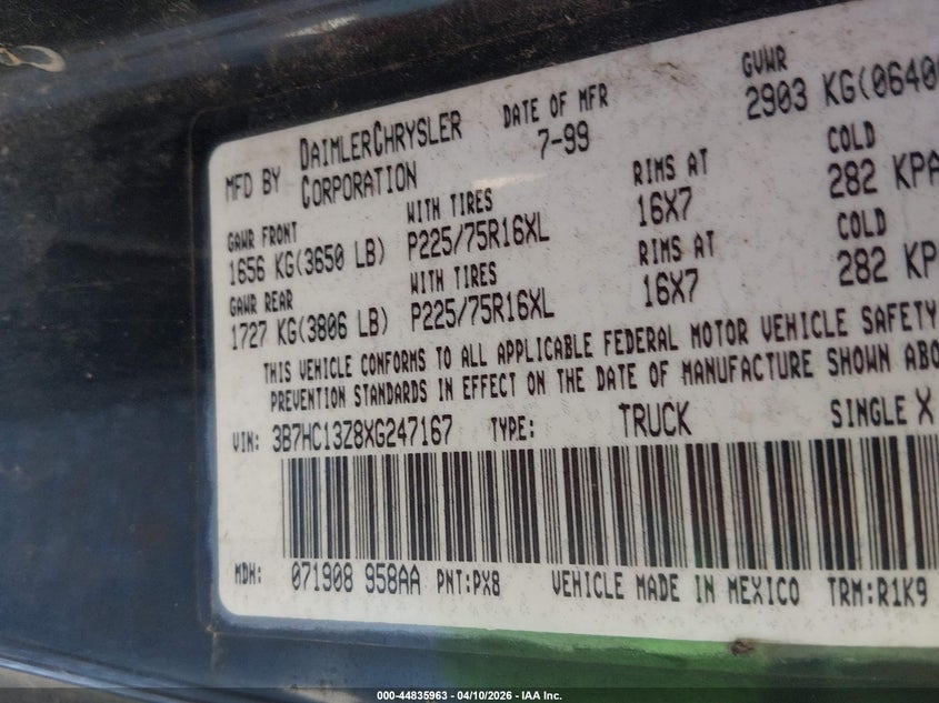 1999 Dodge Ram 1500 St VIN: 3B7HC13Z8XG247167 Lot: 44835963