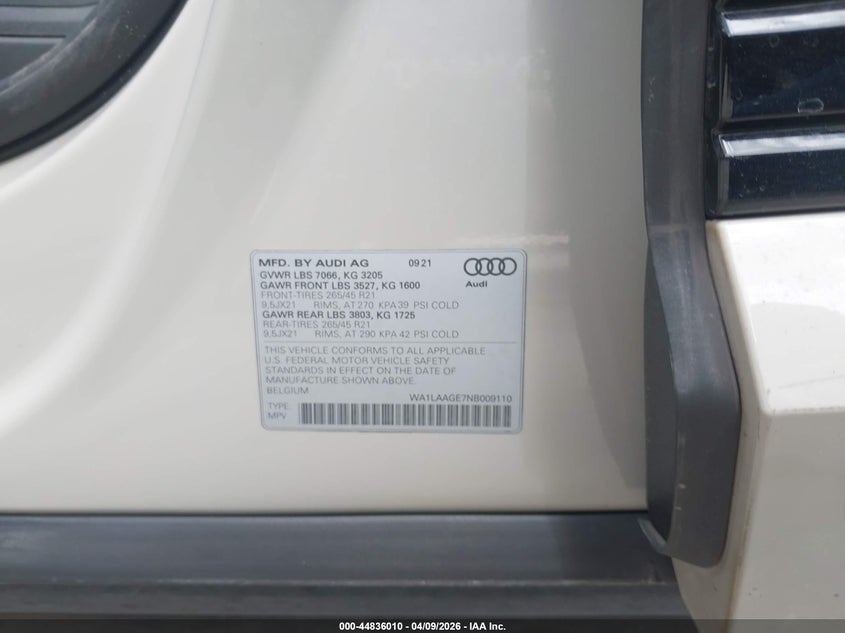 2022 Audi E-Tron Premium Plus Quattro VIN: WA1LAAGE7NB009110 Lot: 44836010