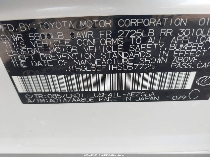 2017 Lexus Ls 460 L VIN: JTHGL5EF1H5057725 Lot: 44836013