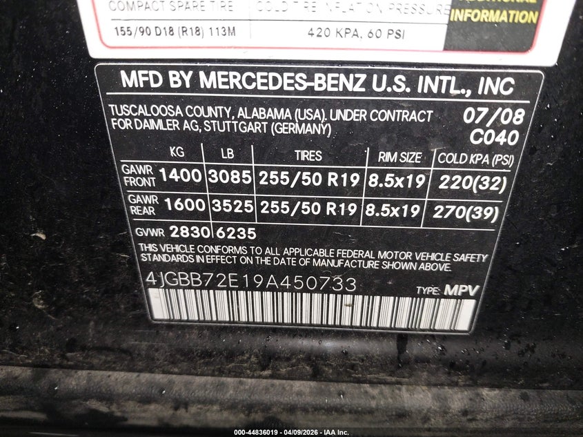 2009 Mercedes-Benz Ml 550 4Matic VIN: 4JGBB72E19A450733 Lot: 44836019