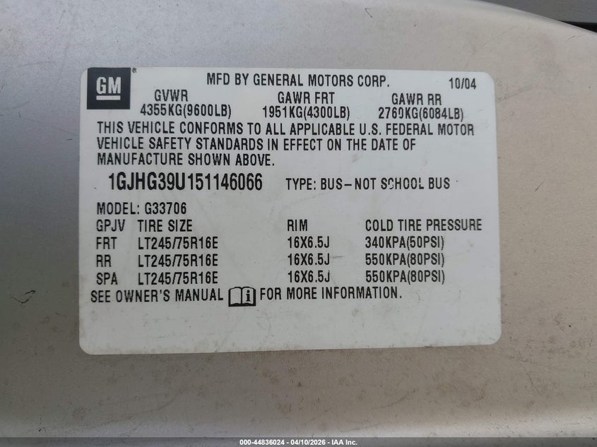 2005 GMC Savana Standard VIN: 1GJHG39U151146066 Lot: 44836024