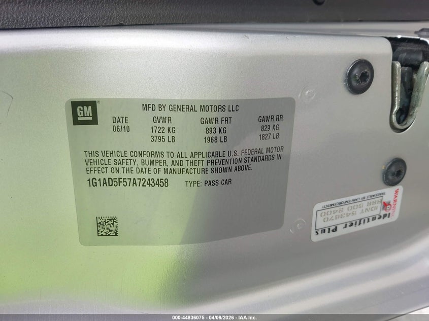 2010 Chevrolet Cobalt Lt VIN: 1G1AD5F57A7243458 Lot: 44836075