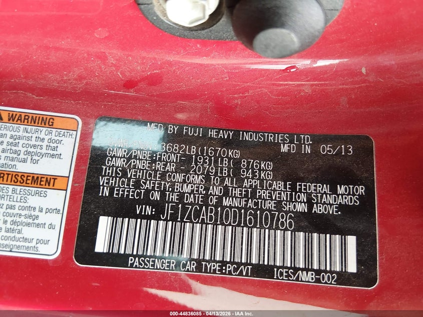 2013 Subaru Brz Premium VIN: JF1ZCAB10D1610786 Lot: 44836085