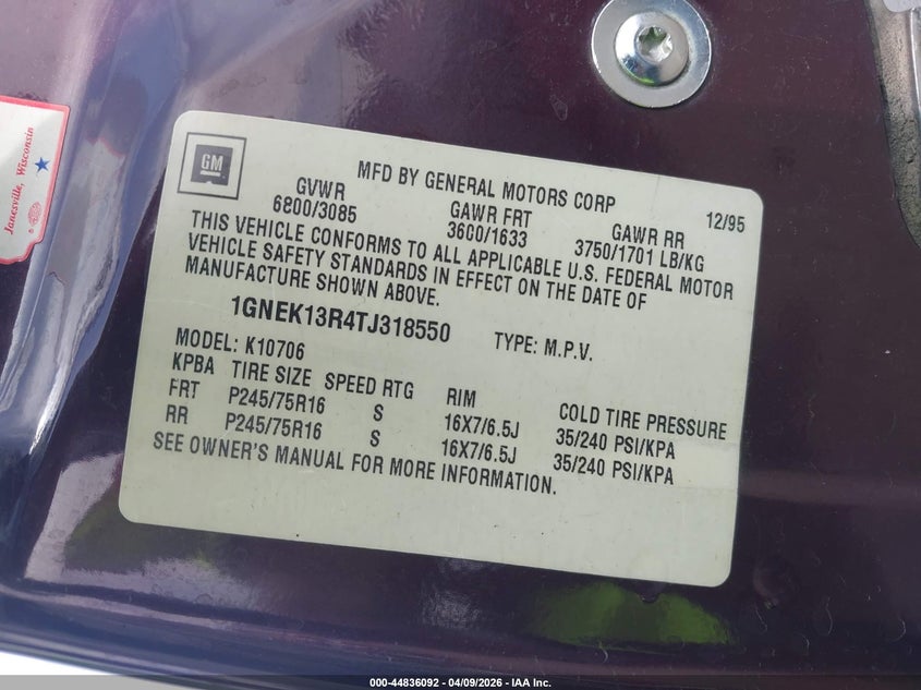 1996 Chevrolet Tahoe K1500 VIN: 1GNEK13R4TJ318550 Lot: 44836092