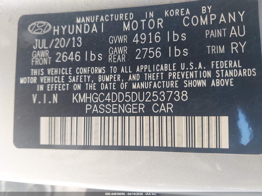 2013 Hyundai Genesis 3.8 VIN: KMHGC4DD5DU253738 Lot: 44836098