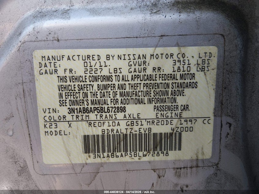 2011 Nissan Sentra 2.0Sr VIN: 3N1AB6AP5BL672898 Lot: 44836124