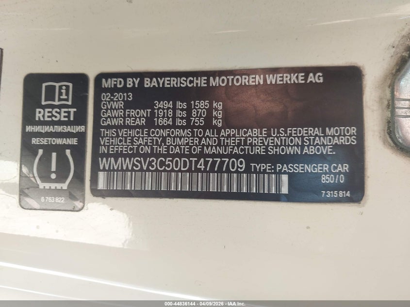 2013 Mini Hardtop Cooper S VIN: WMWSV3C50DT477709 Lot: 44836144
