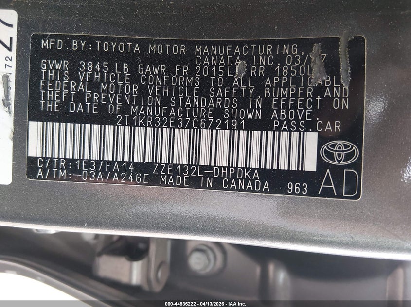 2007 Toyota Matrix VIN: 2T1KR32E37C672191 Lot: 44836222