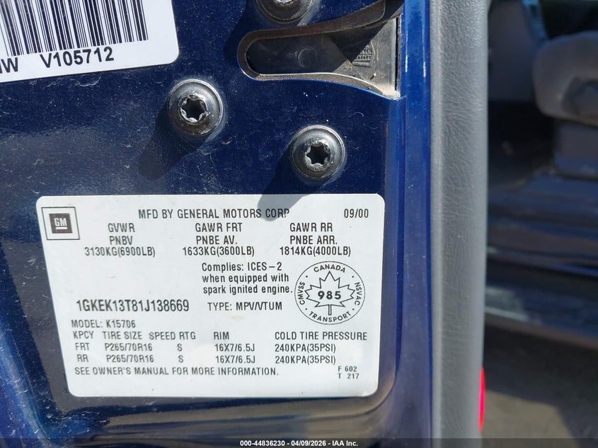 2001 GMC Yukon Sle/Slt VIN: 1GKEK13T81J138669 Lot: 44836230