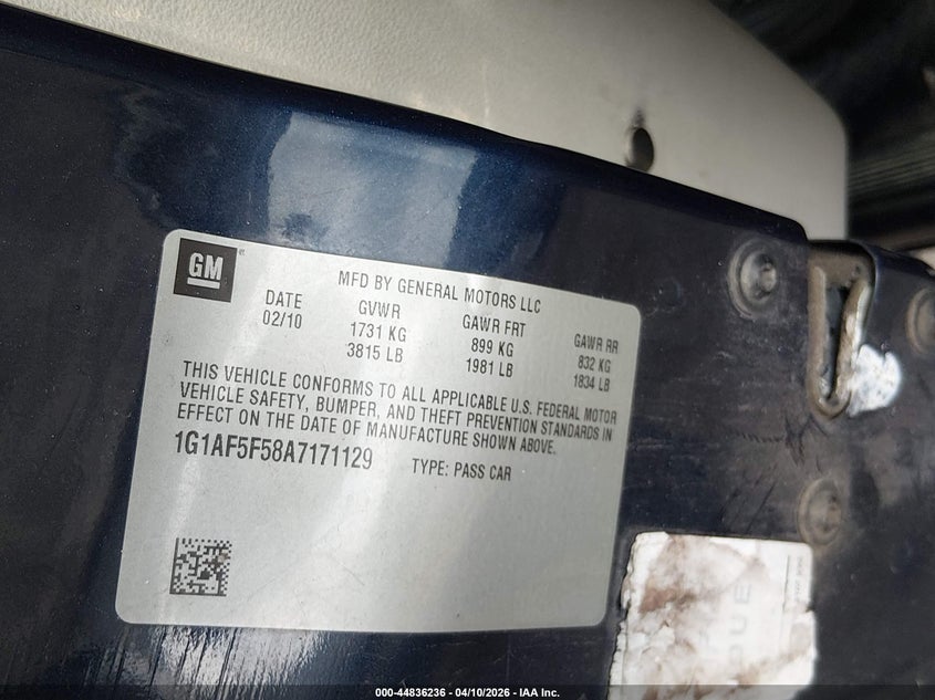 2010 Chevrolet Cobalt Lt VIN: 1G1AF5F58A7171129 Lot: 44836236