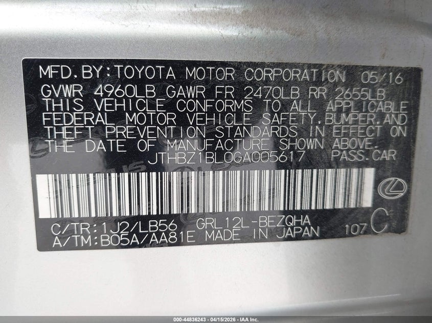 2016 Lexus Gs 350 F Sport VIN: JTHBZ1BL0GA005617 Lot: 44836243