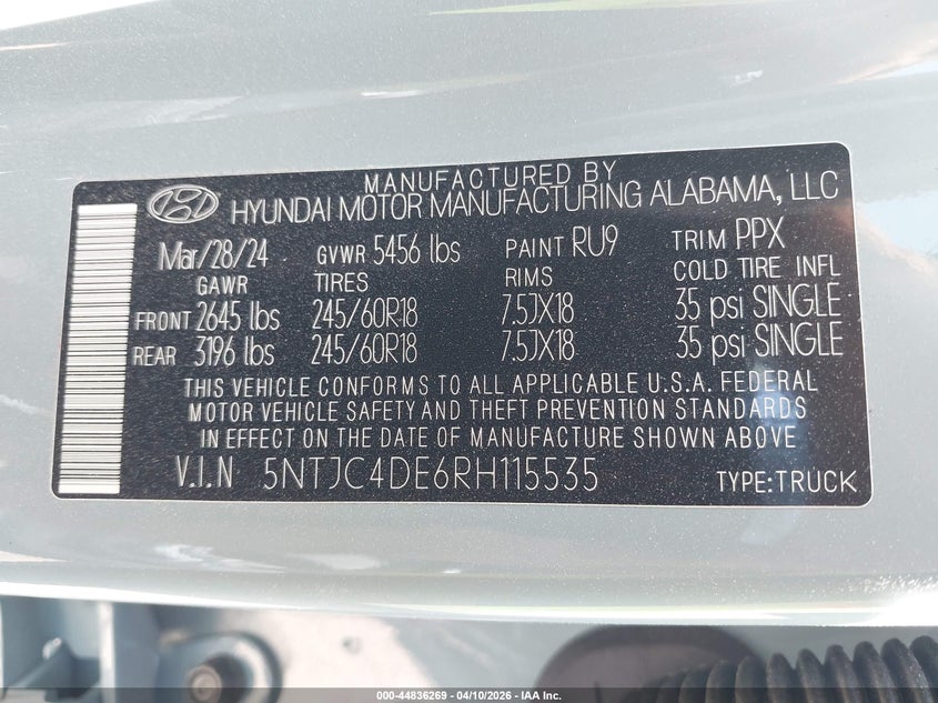 2024 Hyundai Santa Cruz Sel VIN: 5NTJC4DE6RH115535 Lot: 44836269