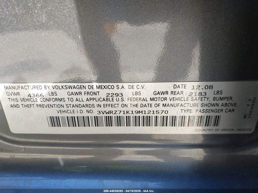 2009 Volkswagen Jetta Se VIN: 3VWRZ71K19M121570 Lot: 44836285