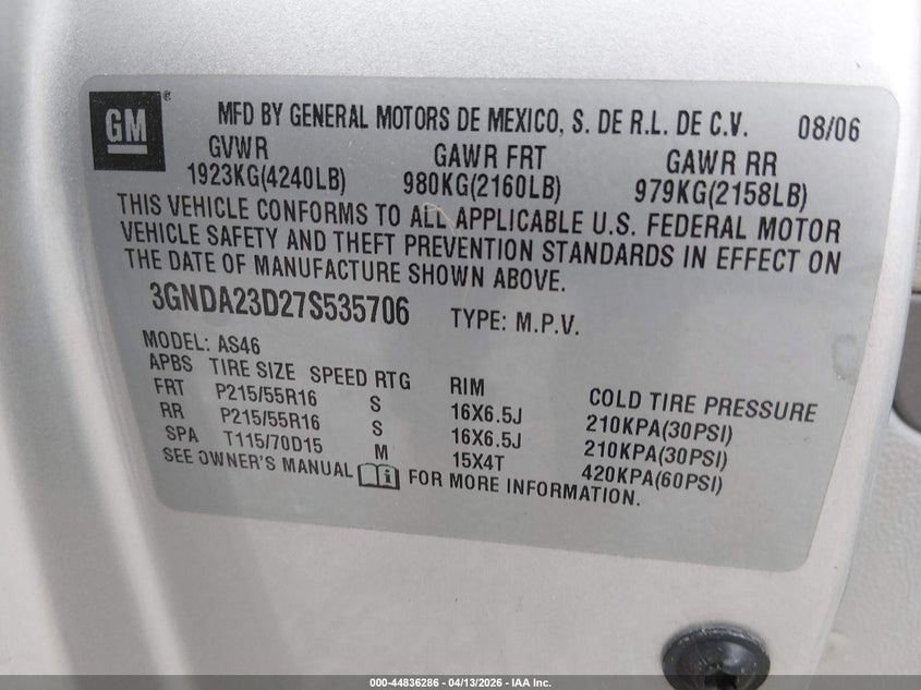 2007 Chevrolet Hhr Lt VIN: 3GNDA23D27S535706 Lot: 44836286