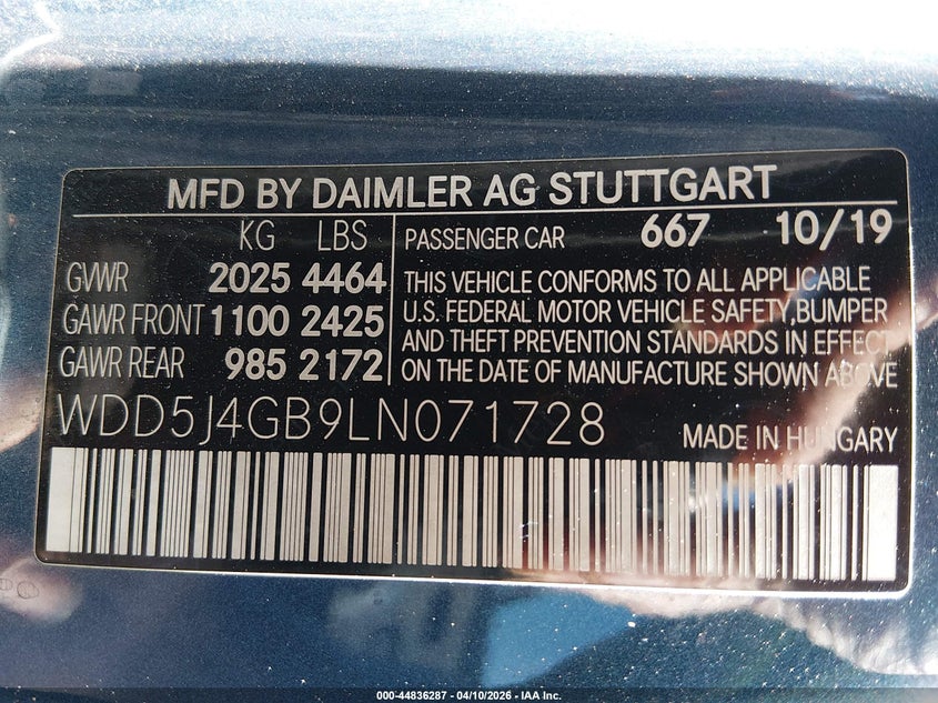 2020 Mercedes-Benz Cla 250 VIN: WDD5J4GB9LN071728 Lot: 44836287